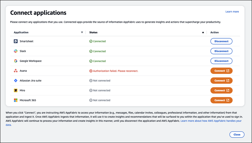 Application connection status interface showing connected and unconnected apps.