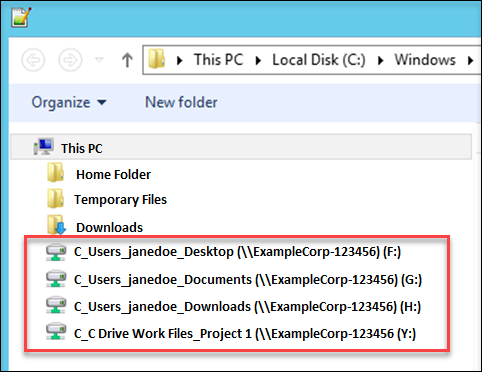 File browser showing shared local drives and folders for a user, including mapped network drives.