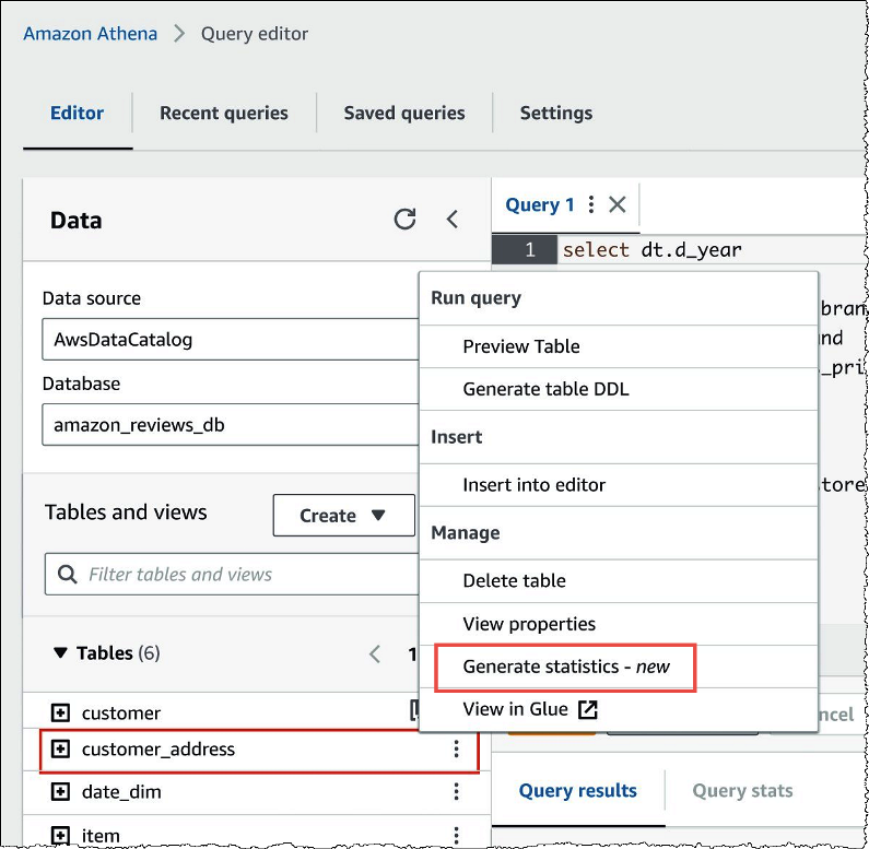 Menu de contexto para uma tabela no editor de consultas do Athena.