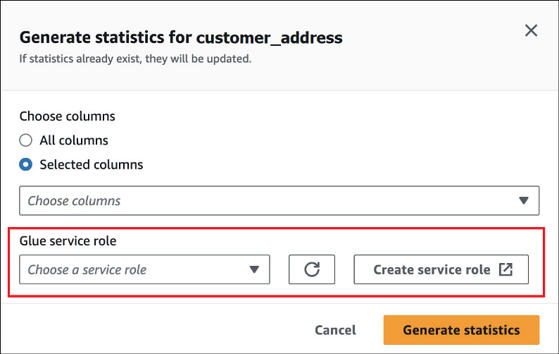 Escolher um perfil de serviço do AWS Glue.