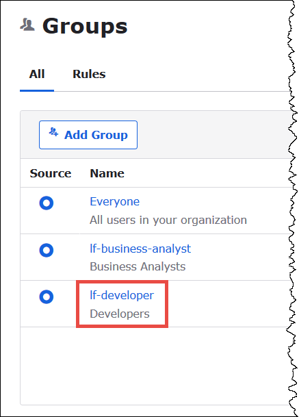 Escolha o grupo lf-developer.