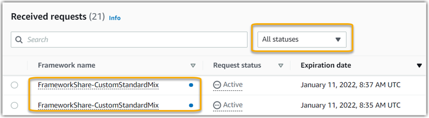 Captura de tela de uma solicitação de compartilhamento recebida com um ponto azul próximo ao nome do framework.