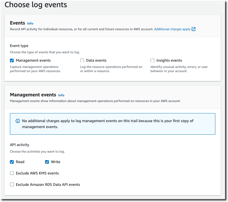 A página Create trail (Criar trilha), configurações de Event type (Tipo de evento)