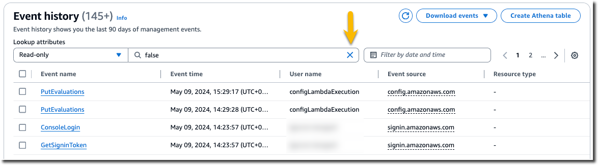 A página do histórico de CloudTrail eventos destacando o filtro Somente leitura