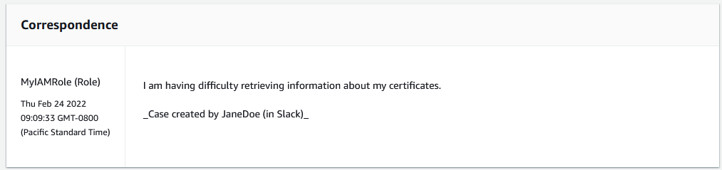 Correspondência de casos no console do Support Center para um caso de suporte do Slack.
