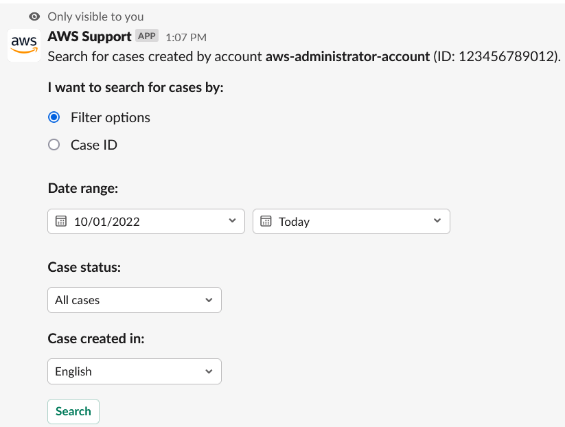 Exemplo de consulta de pesquisa de casos de suporte no Slack