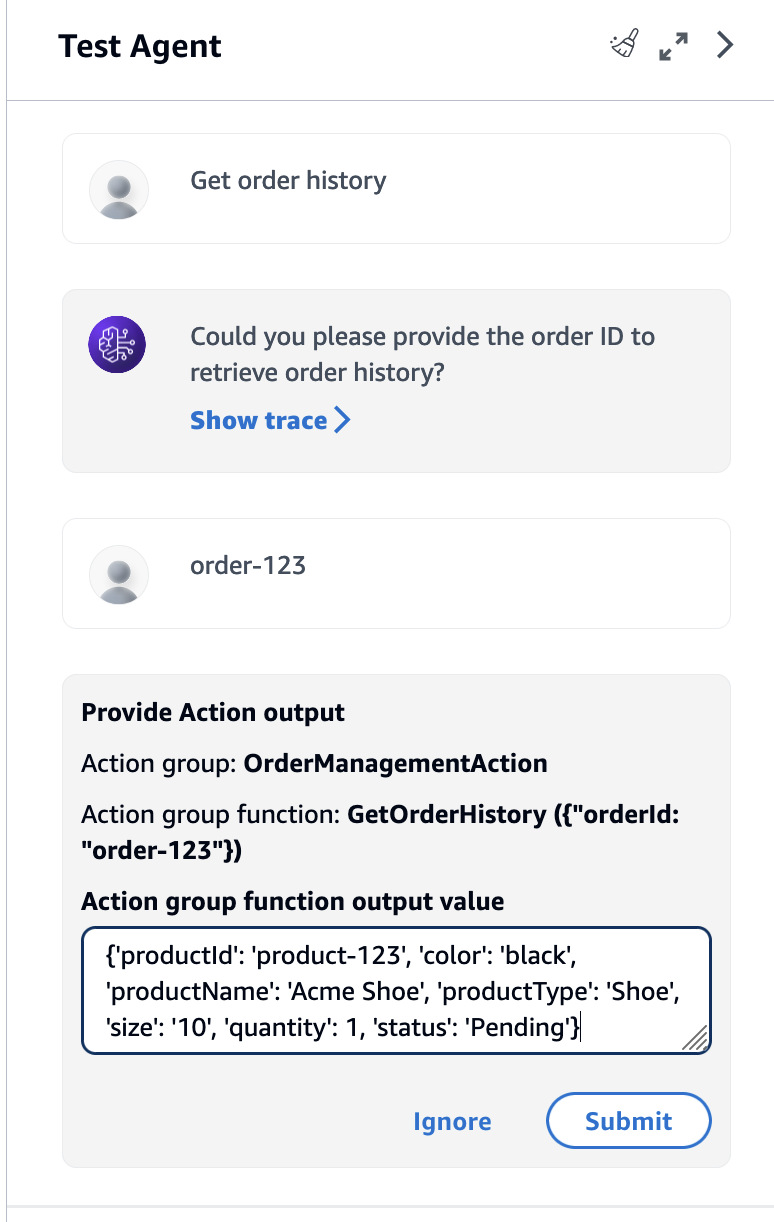 Solicitação de janela de teste para fornecer um exemplo de saída para a ação.