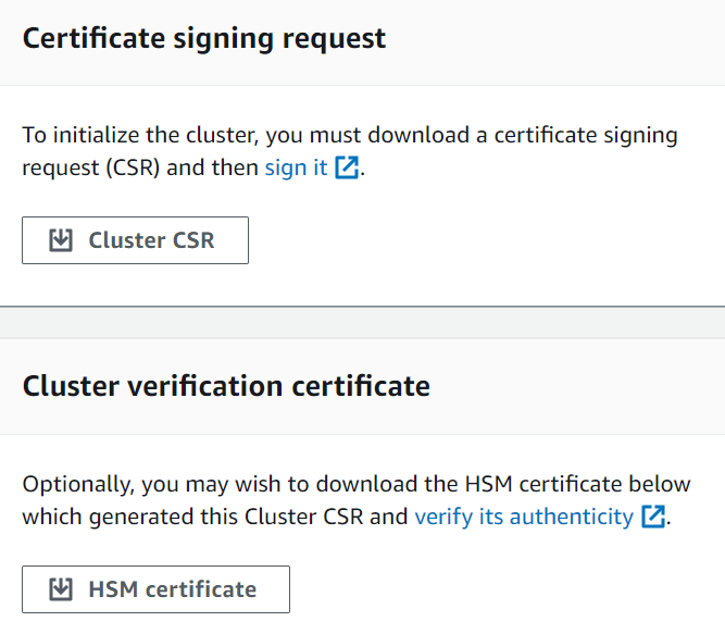 Baixe a página de solicitação de assinatura de certificado no AWS CloudHSM console.