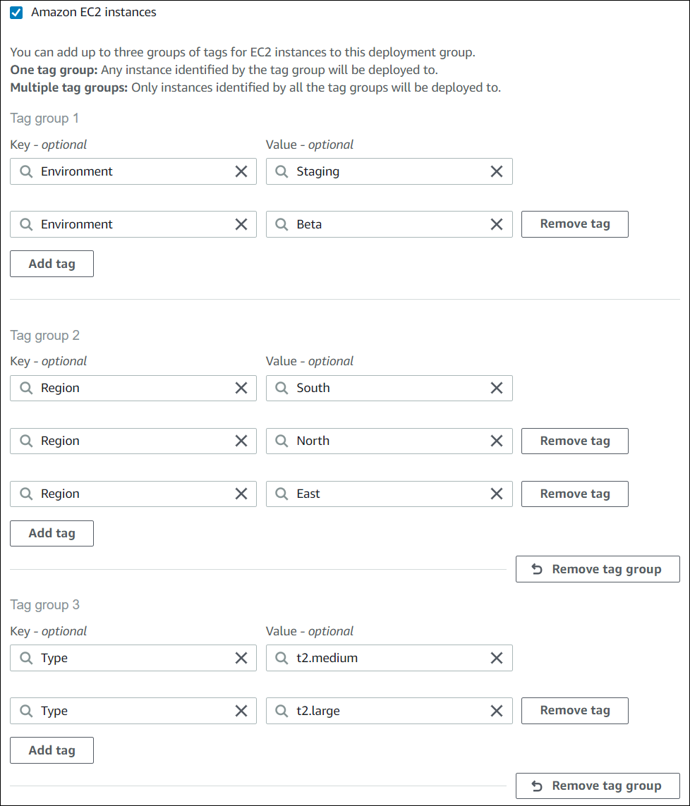 O CodeDeploy console mostra três grupos de tags com várias tags em cada um.