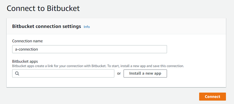 Captura de tela do console mostrando a caixa de diálogo Conectar ao Bitbucket Cloud, com o botão de instalação de novo aplicativo.