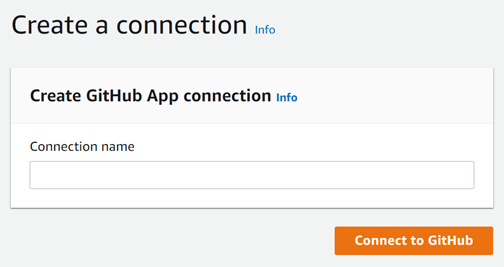 Form to create a GitHub App connection with a field for connection name and a connect button.