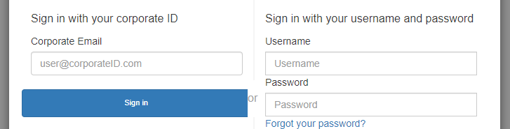 Uma página de login da interface do usuário hospedada no Amazon Cognito exibindo um login de usuário local e uma solicitação para que um usuário federado insira um endereço de e-mail.