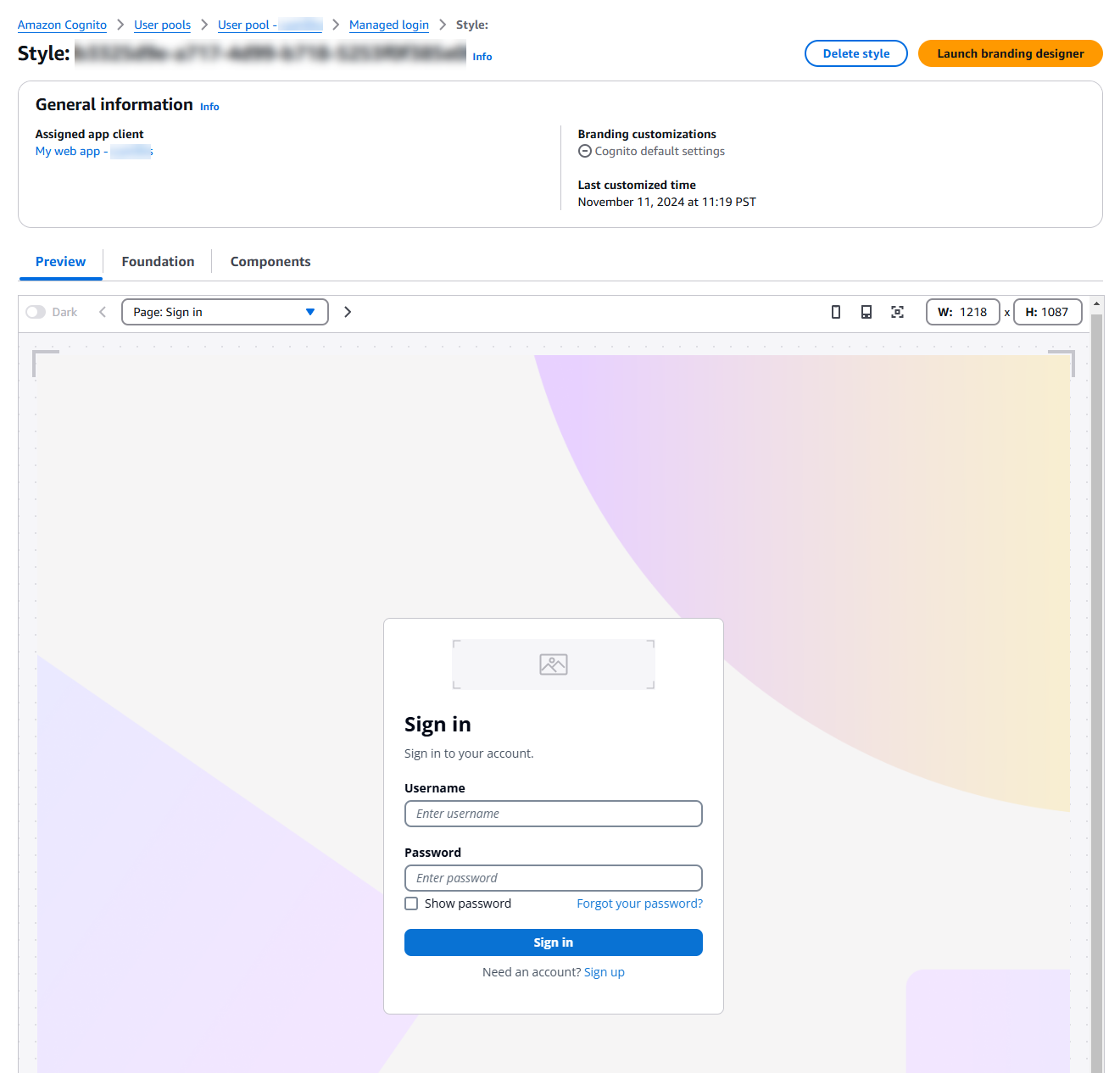 Uma AWS Management Console captura de tela da configuração detalhada dos componentes de login gerenciado.