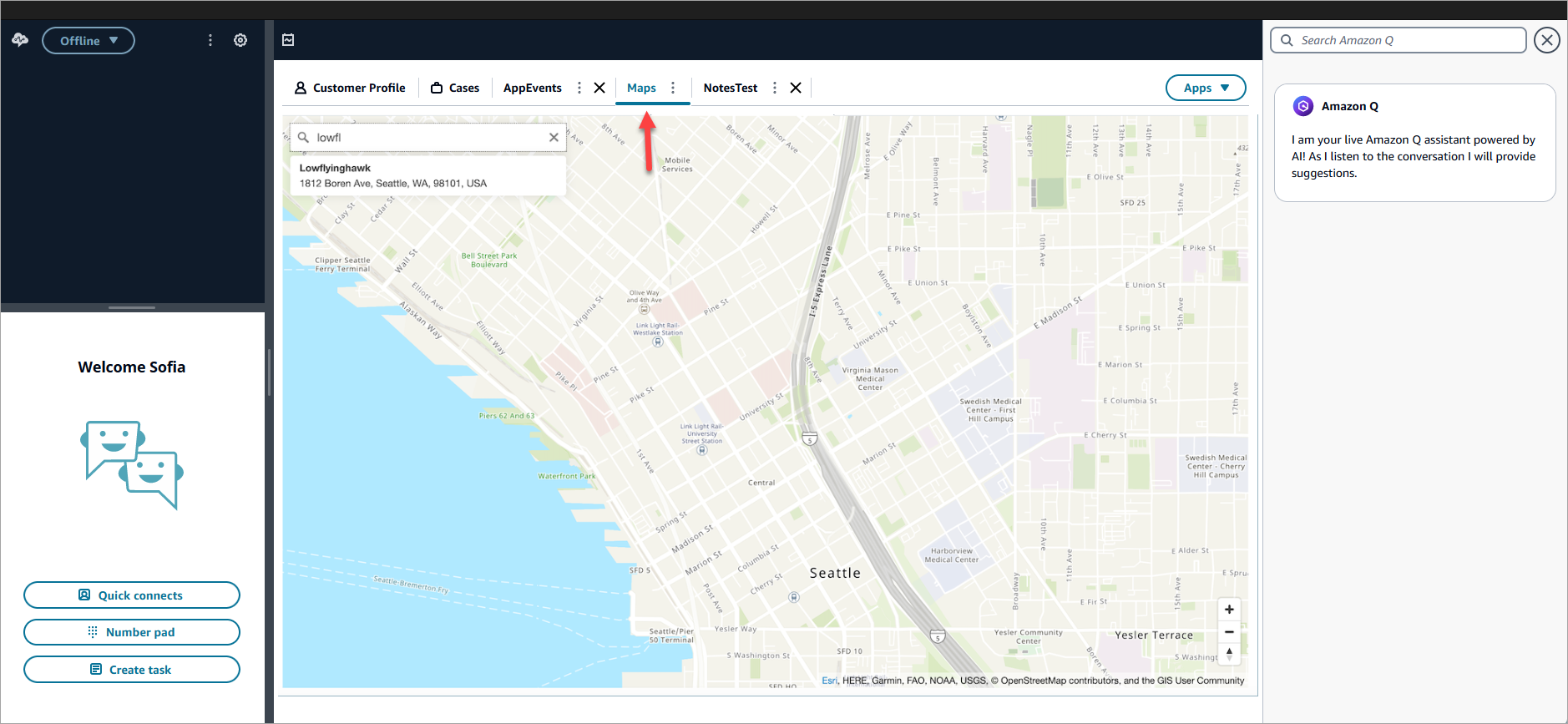 Uma aplicação de terceiros “Maps” que está fixada no espaço de trabalho do atendente.