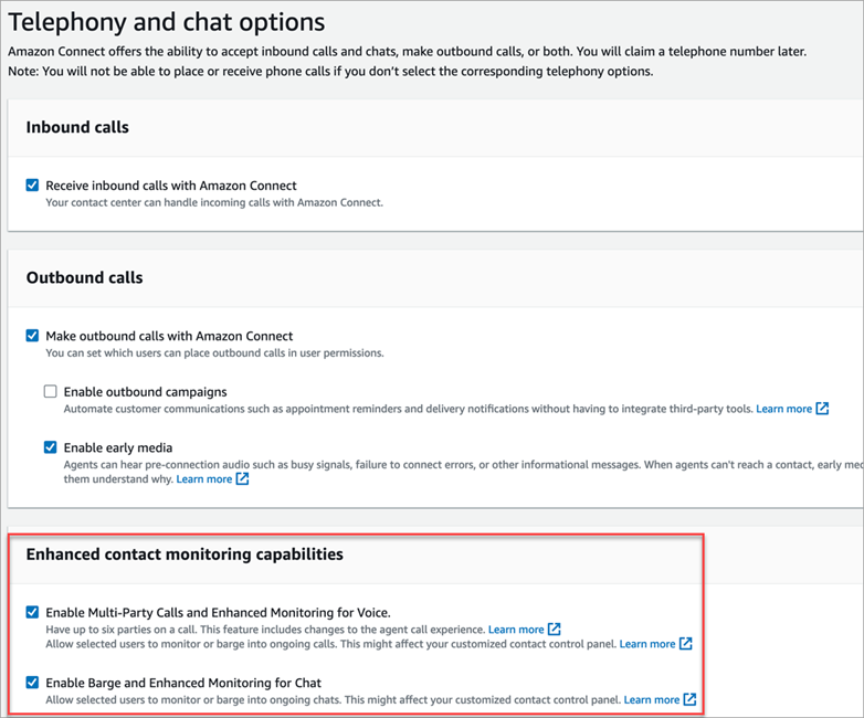 A página Opções de telefonia, os recursos de monitoramento de contatos aprimorados.