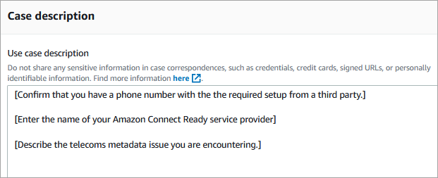 A caixa de descrição do caso para solicitar ajuda com o mapeamento de números de terceiros.