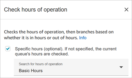 A página de propriedades do bloco Verificar horas de operação.