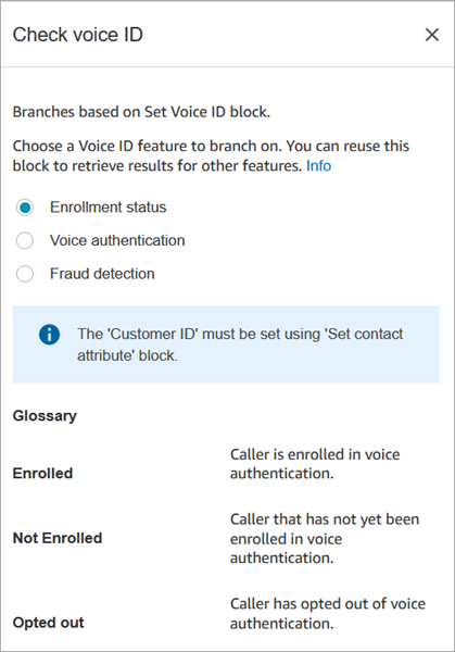 A página de propriedades do bloco Verificar ID da voz, com a opção Status da inscrição selecionada.