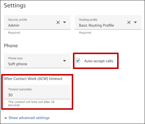 As configurações de aceitação automática de chamadas e tempo limite do After Contact Work.