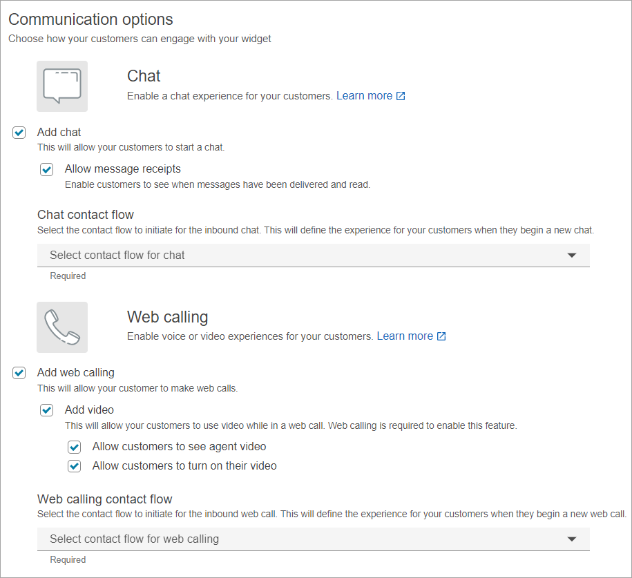 A seção Opções de comunicação da página Criar um widget de comunicação.