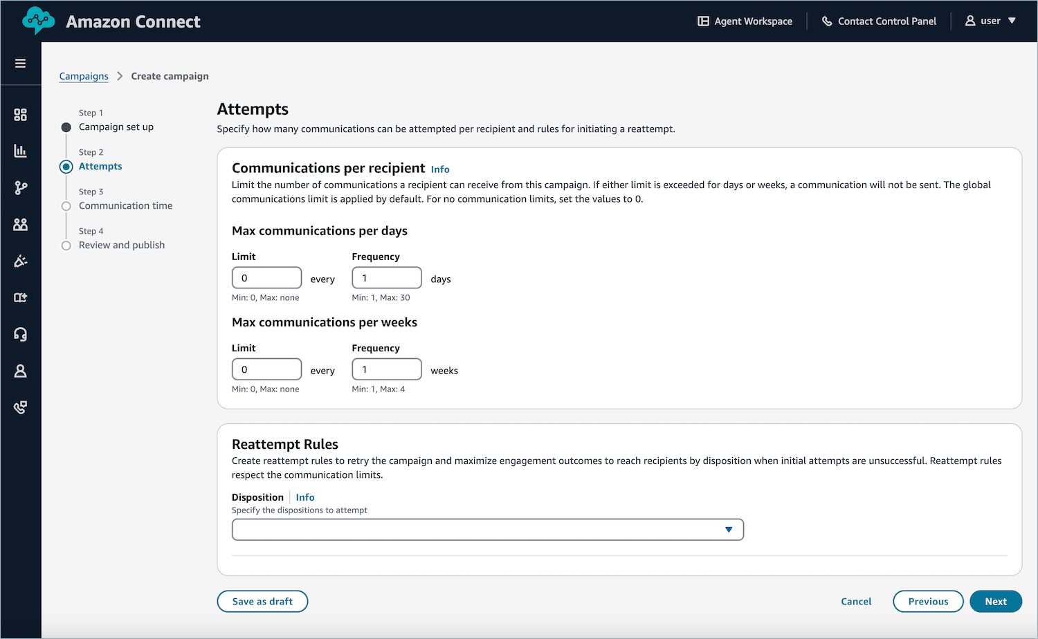 Amazon Connect campaign creation interface showing attempts configuration settings.