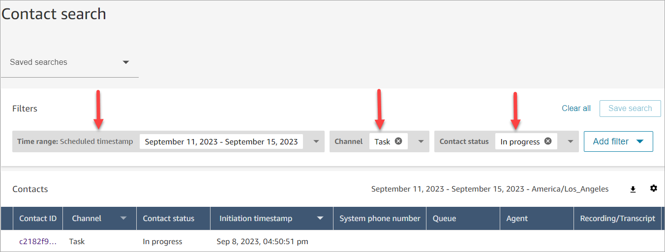 A página Detalhes do contato e os filtros para data e hora programadas.