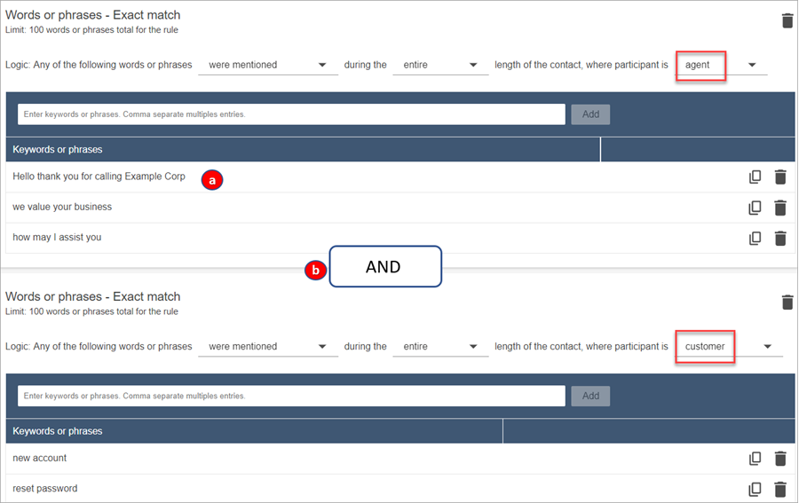 A Palavras ou frases - Correspondência exata para o agente, a palavraAND, uma seção de palavras ou frases para o cliente.