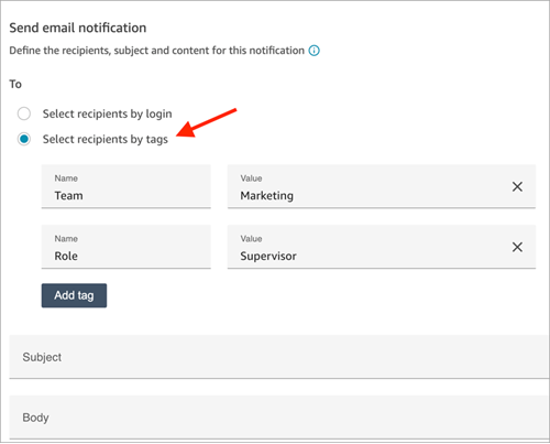 A seção Enviar notificação por e-mail, a opção Selecionar destinatários por tags.