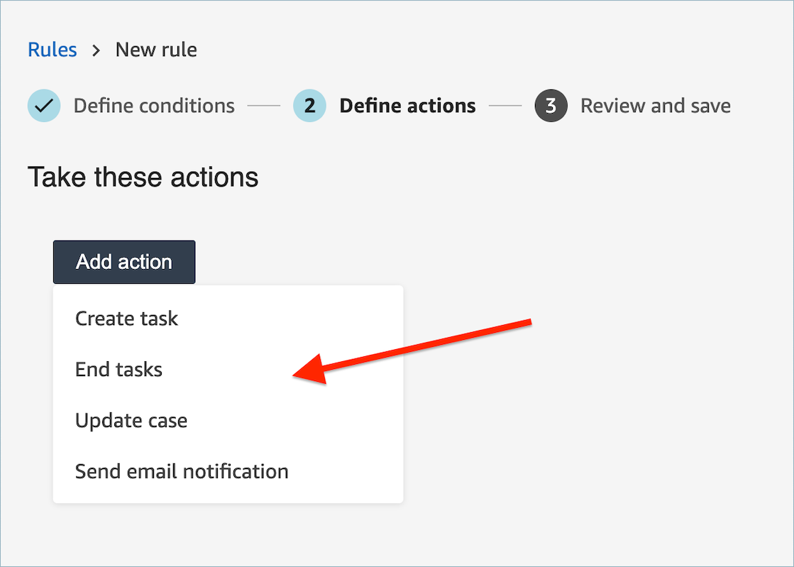 A página Nova regra, o menu suspenso Adicionar ação e a opção Encerrar tarefas.