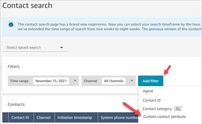 A página Pesquisa de contato, o menu suspenso Filtros e a opção Atributo de contato personalizado.