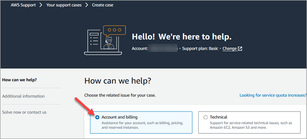 A opção Conta e cobrança na página Criar um caso.