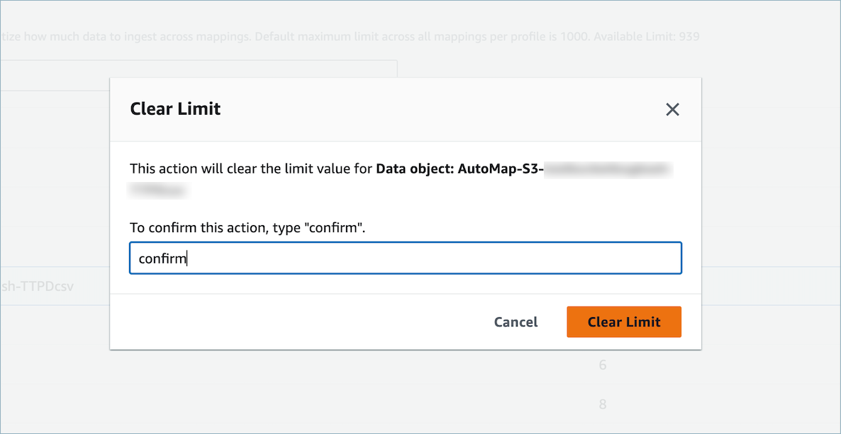 Uma caixa pop-up que solicita que você confirme que deseja limpar o valor limite do objeto de dados. Você confirma a ação de limpeza digitando “confirm” em letra minúscula.