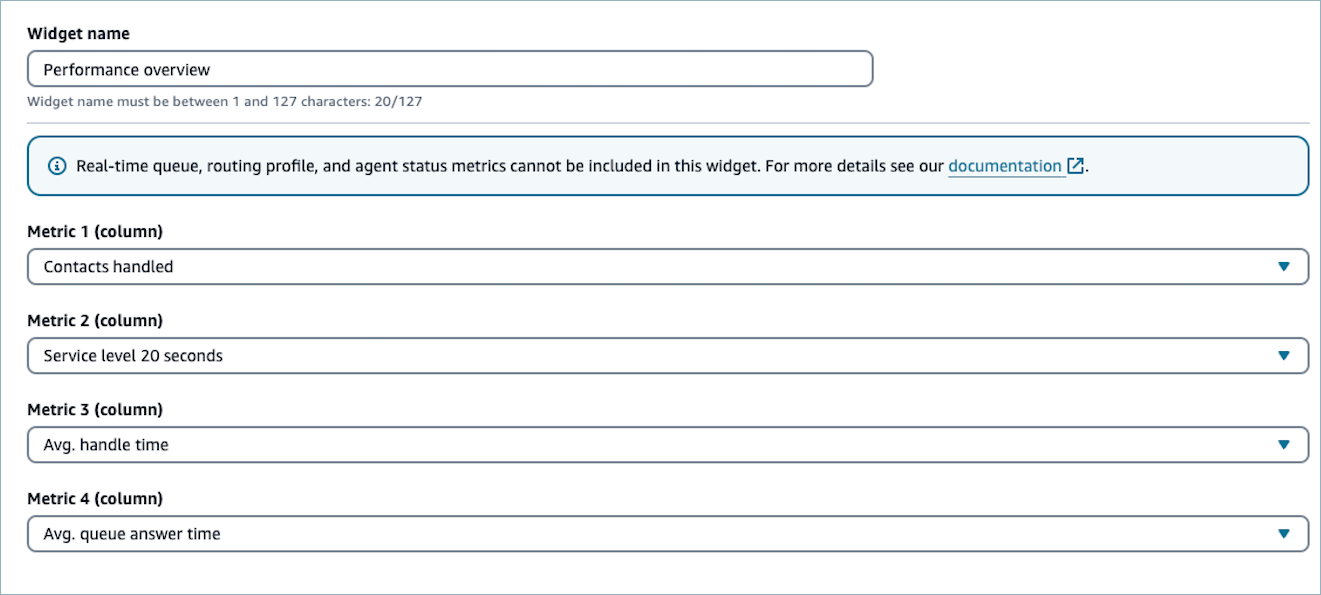 Menu de configuração de métricas.