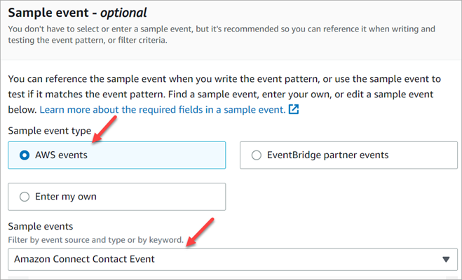 Na seção Evento de exemplo, o tipo de evento de exemplo é Eventos da AWS.