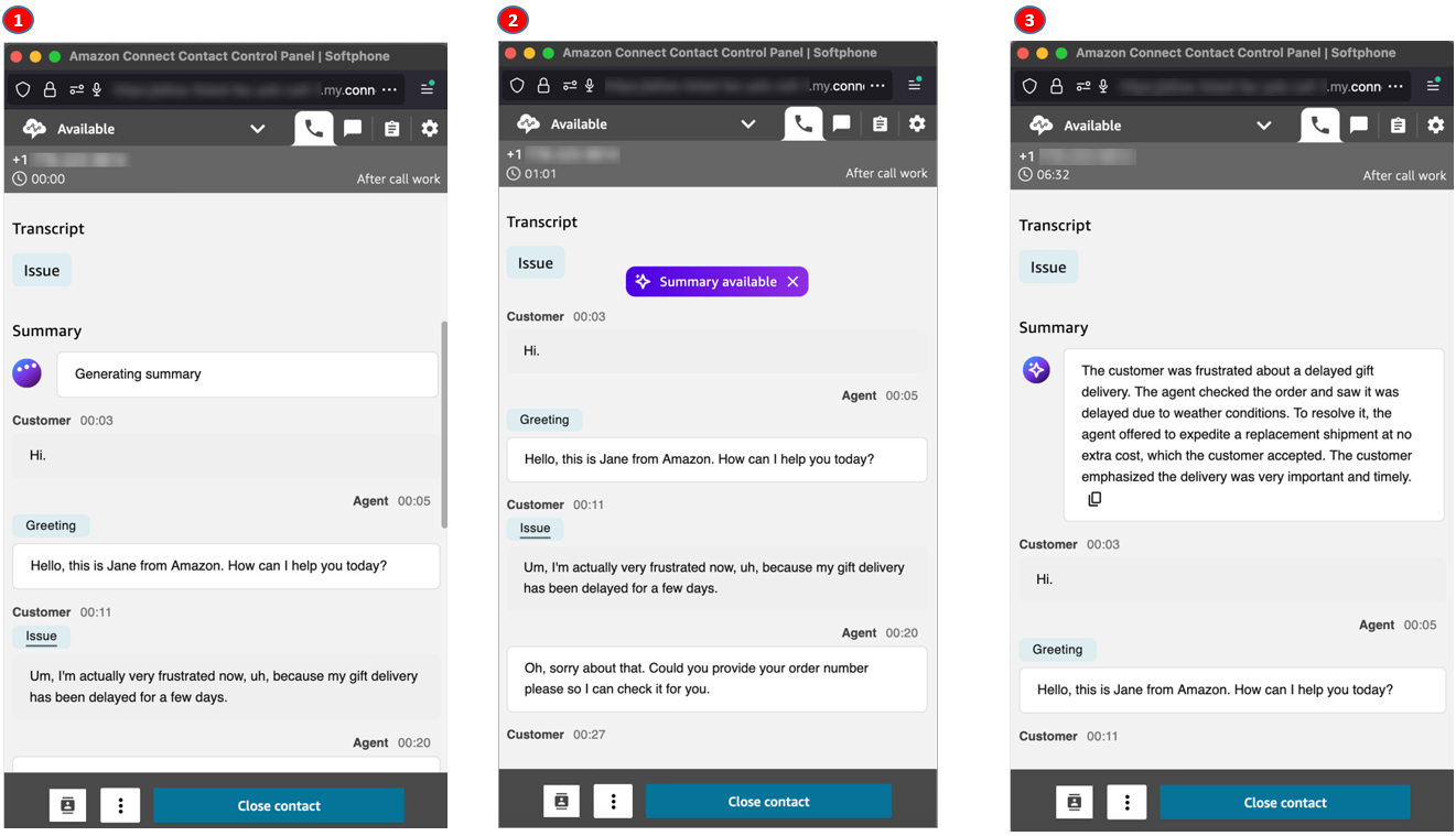 Amazon Connect contact control panel showing transcript and AI-generated summary of customer interaction.