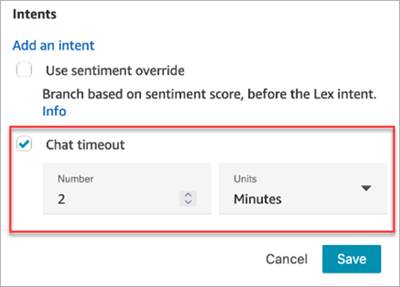 A seção Intenções da página de propriedades, a opção Tempo limite do chat.