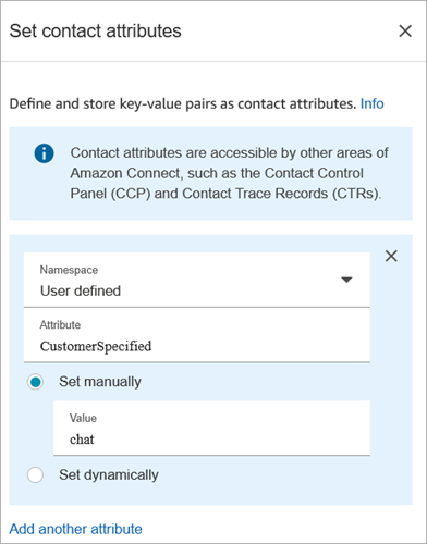 A página de propriedades do bloco Definir atributos do contato, Valor definido como chat.