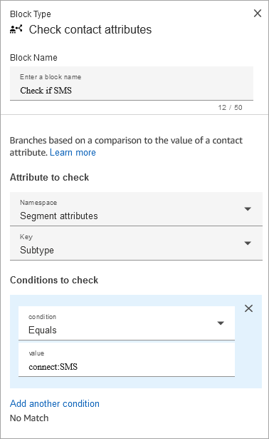 A página de propriedades do bloco Verificar atributos de contato.