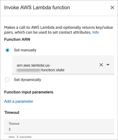 A página de propriedades do bloco de AWS Lambda funções Invoke.