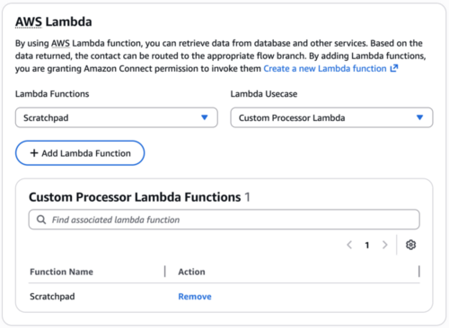 A seção Lambda no console do Amazon Connect mostrando a seleção de casos de uso do processador personalizado Lambda.