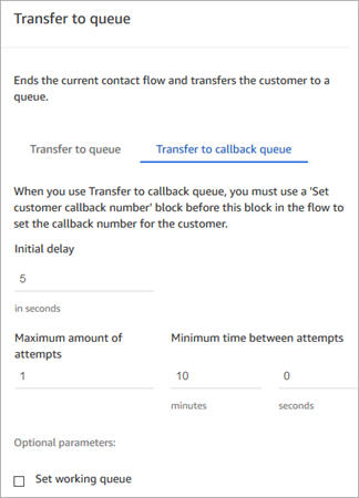 A transferência para a guia de fila de retorno de chamadas, o tempo mínimo entre as tentativas é de 10 minutos.