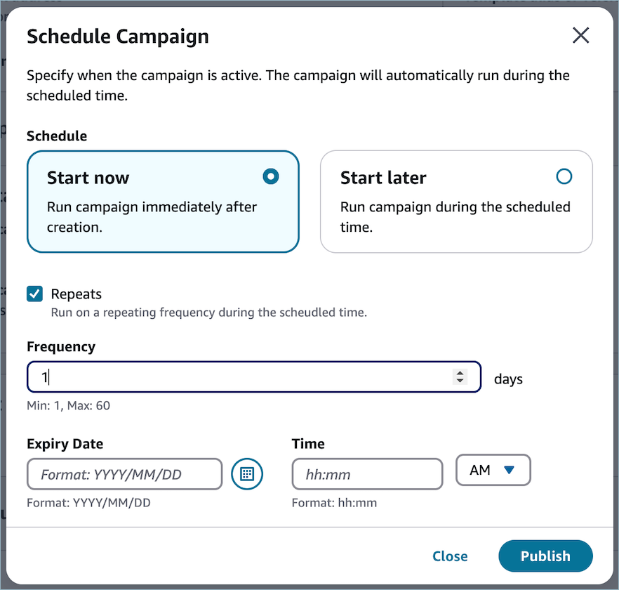 Schedule Campaign interface with options to start now or later, set frequency, and specify expiry date and time.