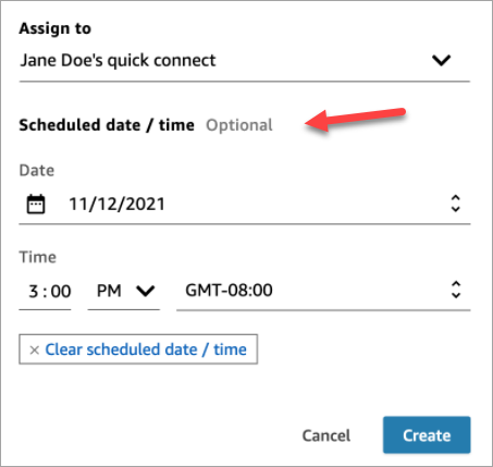 A página Criar tarefa e a seção Data/hora programada.