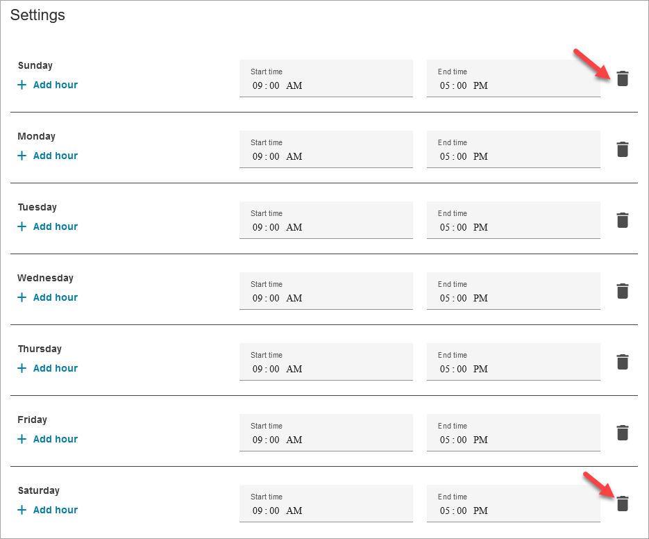 Settings interface showing weekday schedules with start and end times, and delete options.