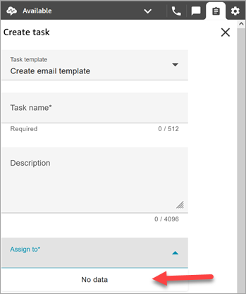 O CCP, página de criação de tarefas, Atribuir a em branco, mensagem Sem dados na parte inferior da página.
