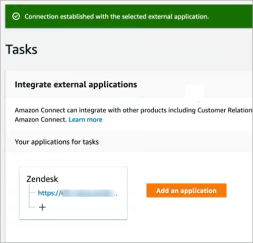 A página de tarefas exibindo a nova conexão com o Zendesk.