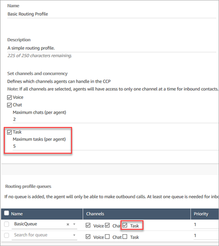A opção Tarefas, máximo de tarefas por atendente definido como 5, fila definida como voz, chat, tarefa.