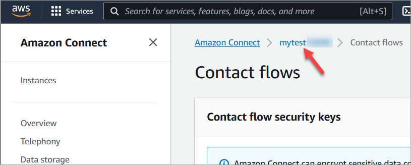 O nome da instância em um rastro na parte superior da página Fluxos de contato.