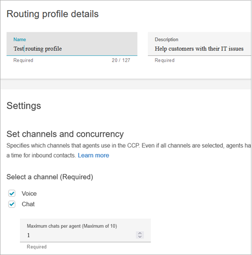 A seção Detalhes do perfil de roteamento e a seção Configurações.