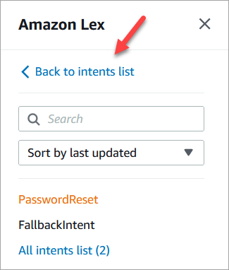 O menu de navegação do Amazon Lex, o link Voltar à lista de intenções.